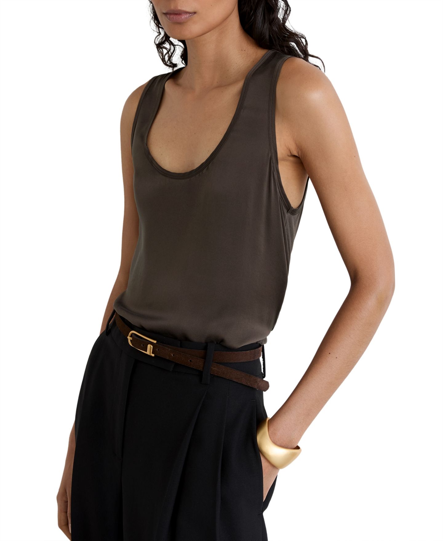 Женский топ REISS Ruby Silk-Front Scoop Neck Cami Top, цвет: Мокко коричневый — фото 1