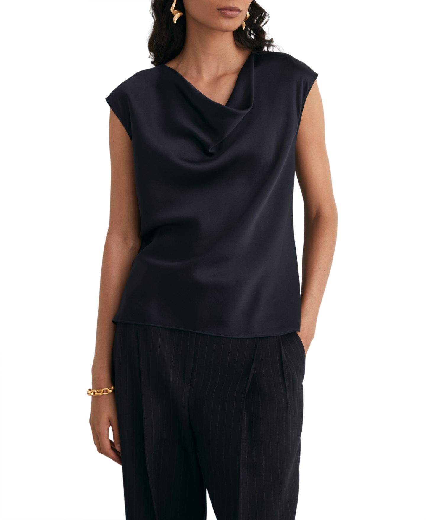 Женский топ REISS Cate Silk Cowl Neck Sleeveless, цвет: Тёмно-синий — фото 1