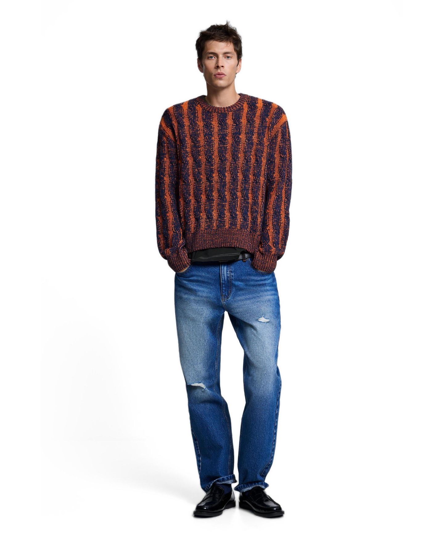 Мужской свитер Desigual Cable-Knit Crewneck, цвет: Оранжевый — фото 2