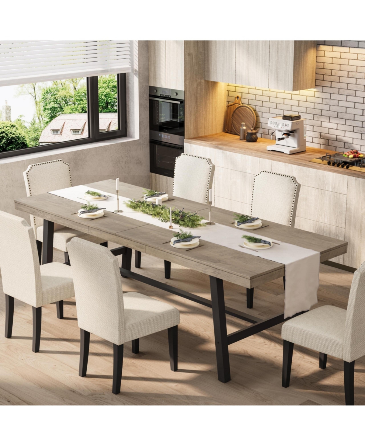 gaomon Industrial Rectangular Dining Table for 8-10, Heavy-Duty Metal Frame Wood-Look Top, Non-Extendable for Home and Restaurant