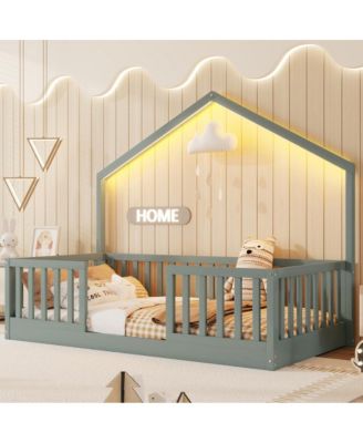  Twin Floor Bed with High Rails and Light for Kids