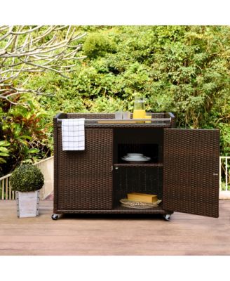 - PE Rattan Bar Serving Cart Cabinet with Safe Locking Caster Wheels