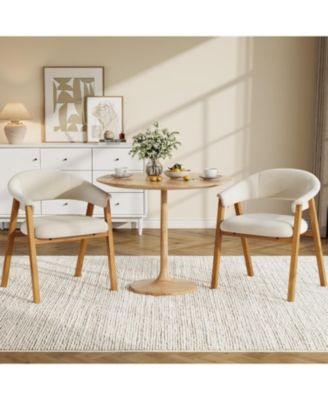 Upholstered Dining Chairs with Arms Set of 2, Chenille Fabric Armchair with Wooden Legs and Curved Backrest, Modern Accent Armchair