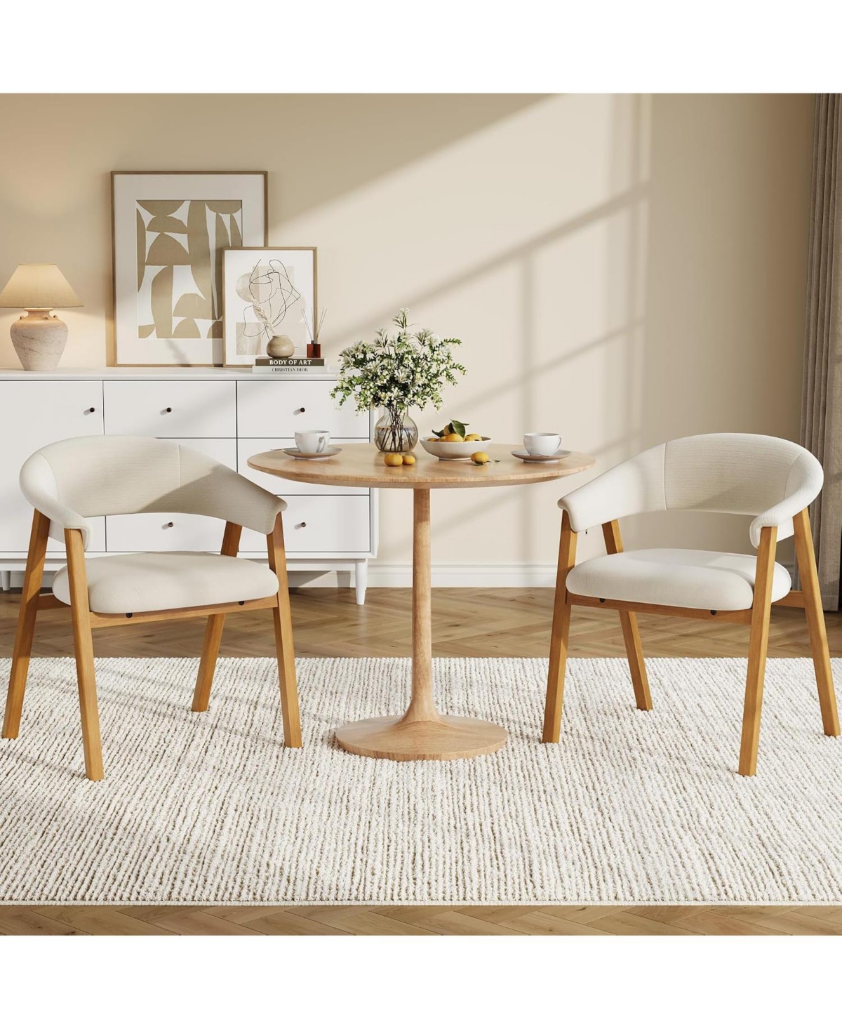 gaomon Upholstered Dining Chairs with Arms Set of 2, Chenille Fabric Armchair with Wooden Legs and Curved Backrest, Modern Accent Armchair