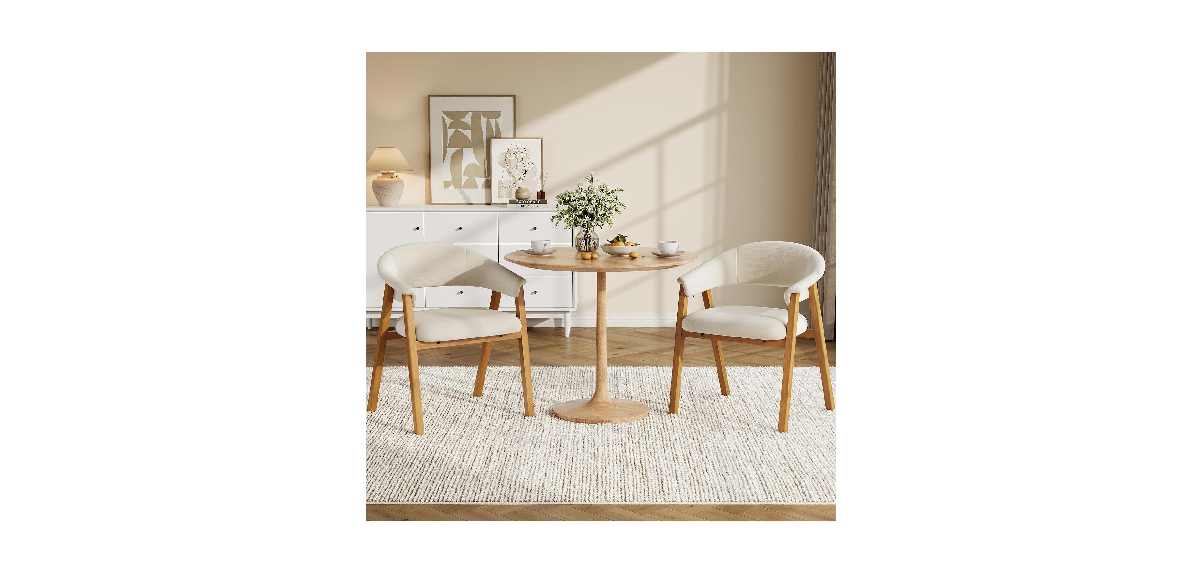 gaomon Upholstered Dining Chairs with Arms Set of 2, Chenille Fabric Armchair with Wooden Legs and Curved Backrest, Modern Accent Armchair