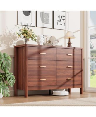 6 Drawer Dresser, 47.24" Wide Farmhouse Chest of Drawers with Cylindrical Legs, Metal Handles and Anti-Tip Design, Modern Storage Organizer