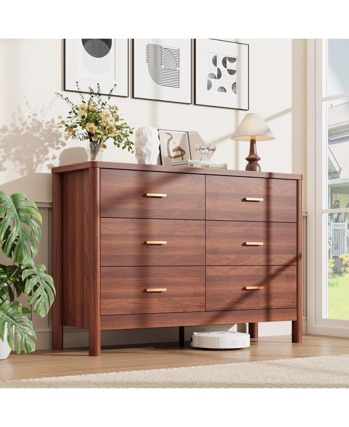 gaomon 6 Drawer Dresser, 47.24" Wide Farmhouse Chest of Drawers with Cylindrical Legs, Metal Handles and Anti-Tip Design, Modern Storage Organizer - W