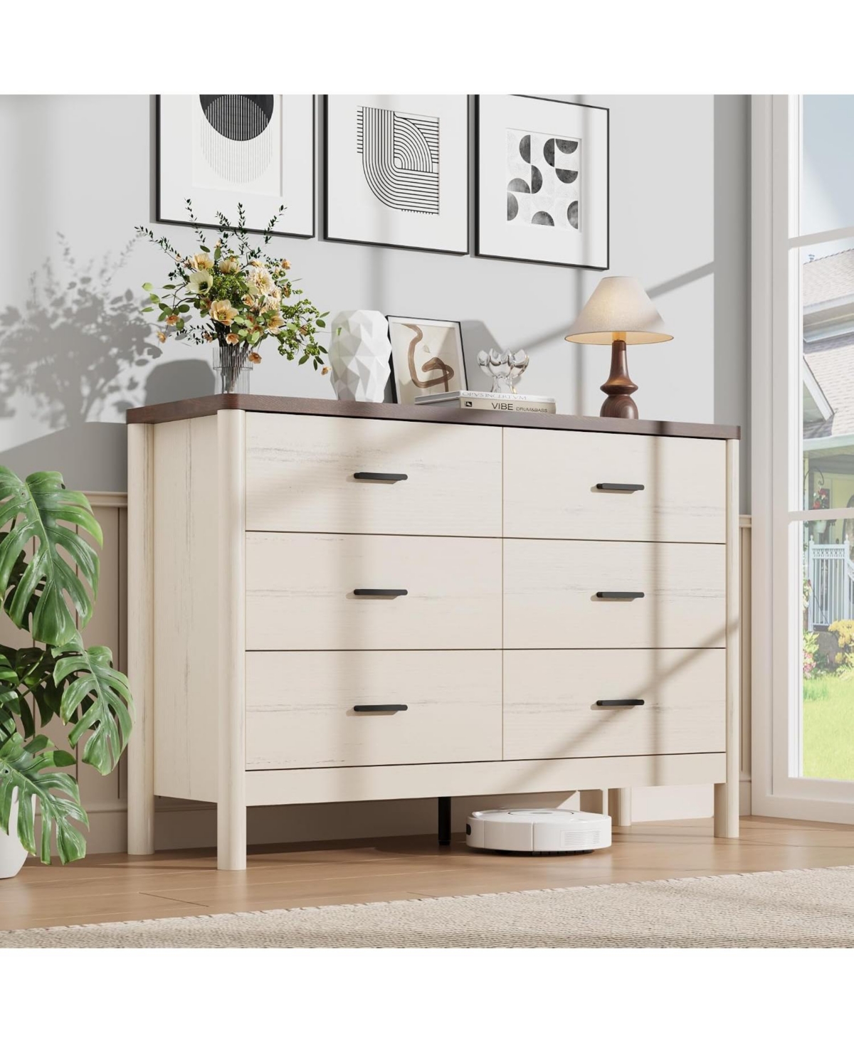 gaomon 6 Drawer Dresser, 47.24" Wide Modern Chest of Drawers with Cylindrical Legs, Metal Handles and Anti-Tip Design, Freestanding Modern Storage - W