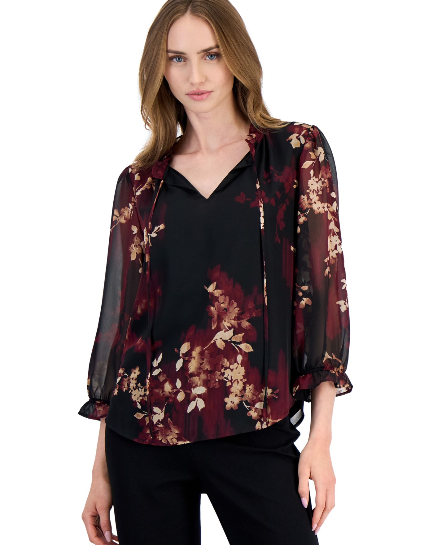 Женская блузка Anne Klein Ruffle-Neck Tie-Front Floral Blouse, цвет: Чёрный разноцветный — фото 1