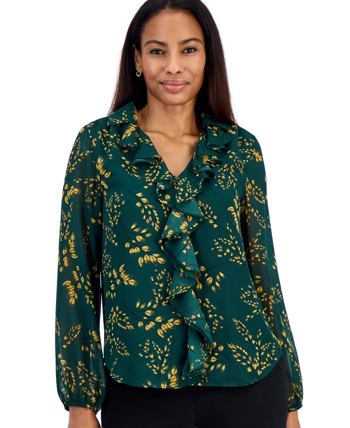 Kasper Women's Ruffle V-Neck Long-Sleeve Blouse