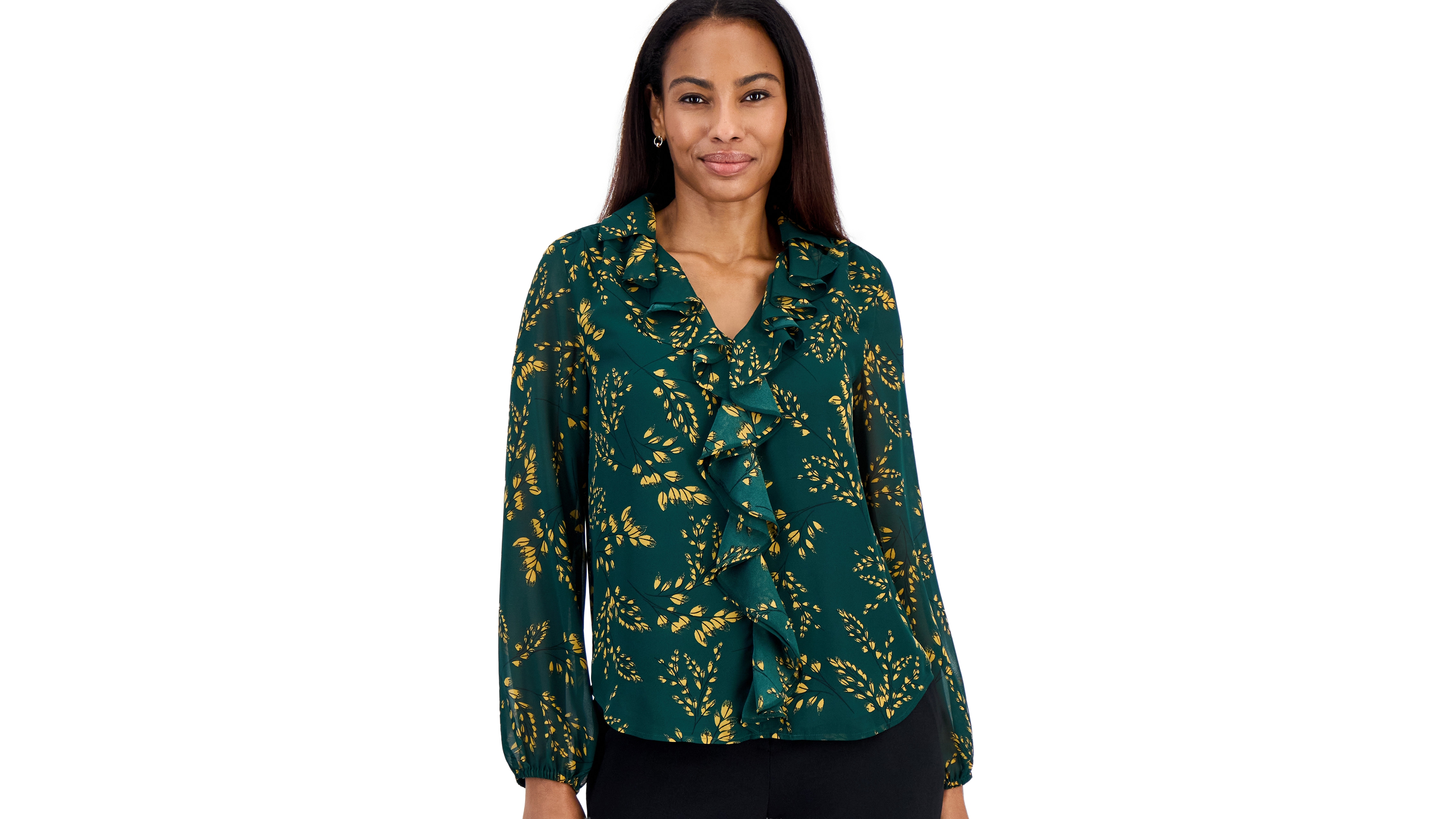 Kasper Petite Long-Sleeve V-Neck Ruffle Blouse