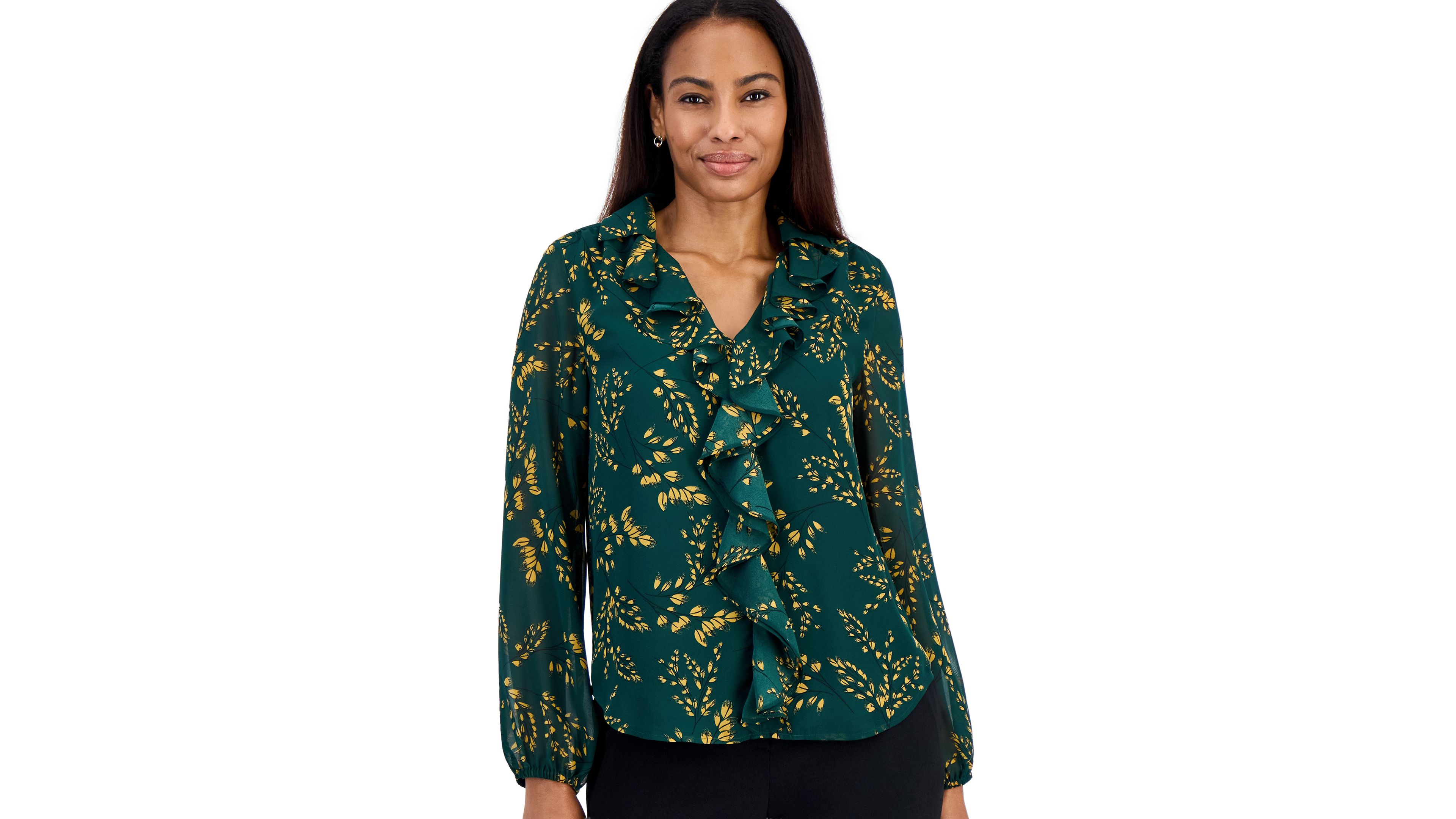 Kasper Womens Ruffle V Neck Long Sleeve Blouse