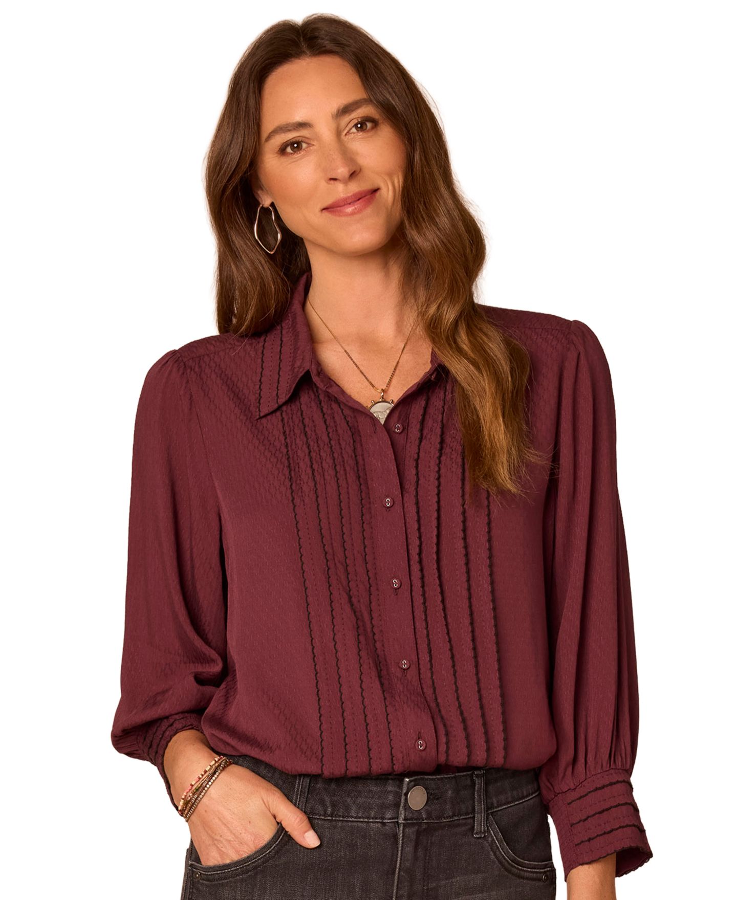Женская блузка Democracy 3/4-Sleeve Button Down Bubble Hem Blouse, цвет: Инжирный / Чёрный — фото 3