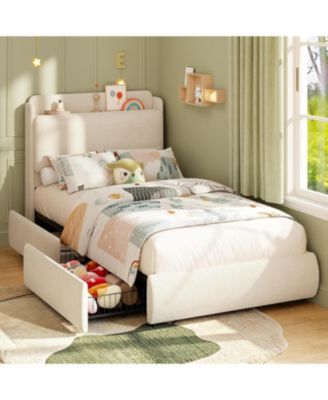 Upholstered Bed Frame with Shelf and Drawers, Chenille Platform Bed with Built-in Headboard Shelf for Phone and Books, Easy Assembly