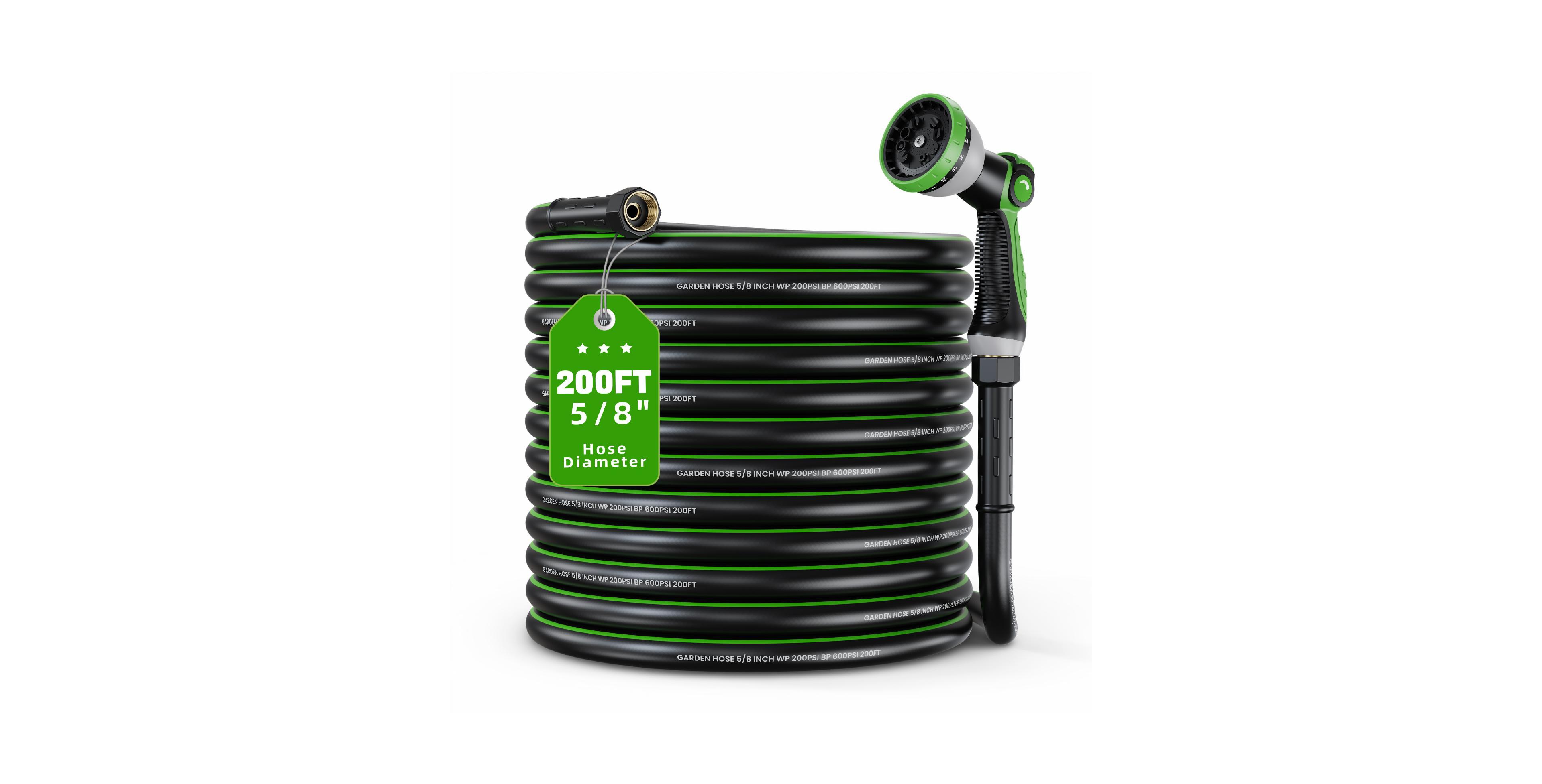 Heavy Duty Garden Hose 200 ft with 10 Pattern Spray Nozzle 5/8 Inch Kink Resistant Water Hose with Brass Fittings
