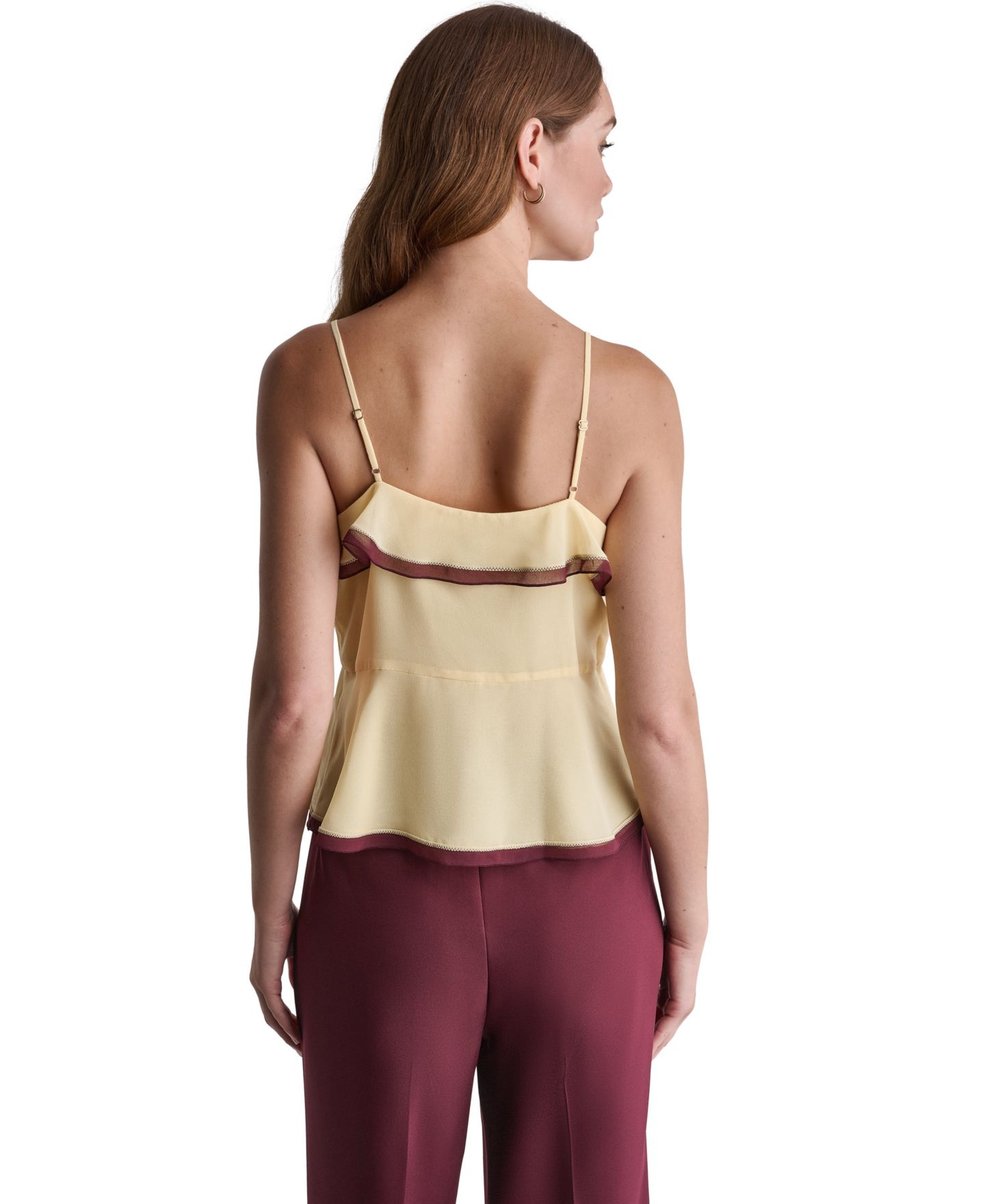 Женский топ BCBG V-Neck Ruffle Front Contrast Trim, цвет: Теневой мерло — фото 4