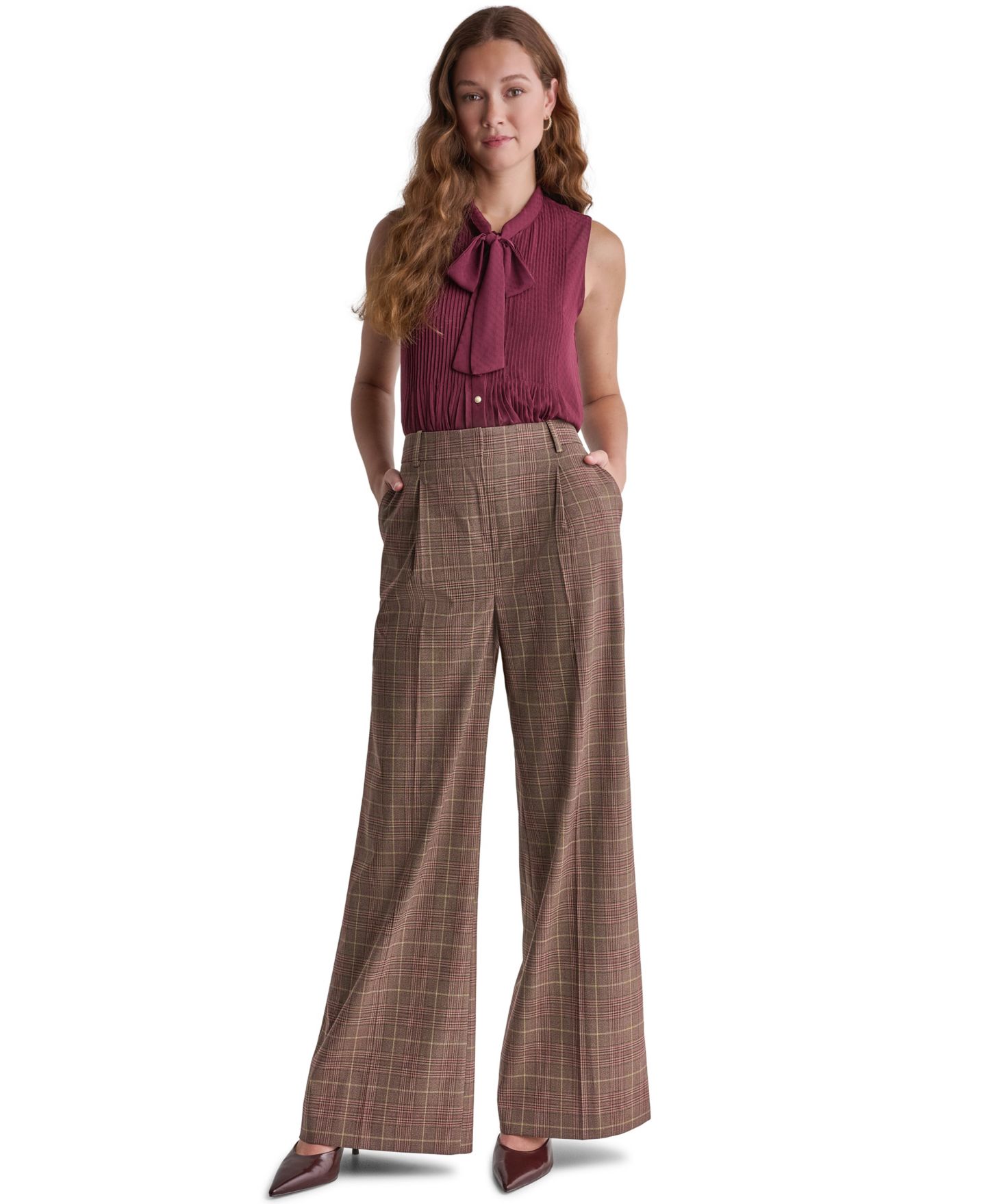 Женские брюки BCBG Wide-Leg Pleated Plaid, цвет: Теневой мерло разноцветный — фото 2