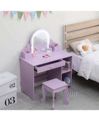 Kids Vanity with Lighted Mirror, 2 in 1 Little Girls Vanity Table and Stool, Kids Makeup with Drawer and Open Shelves for 3-9 Yrs Girls