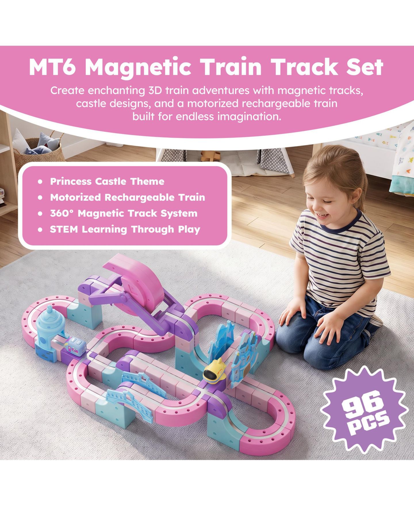 Детский конструктор Contixo MT6 Princess Castle Magnetic Train Track 96-Piece Building Set with Rechargeable Motorized Train, Ages 3+ — фото 9