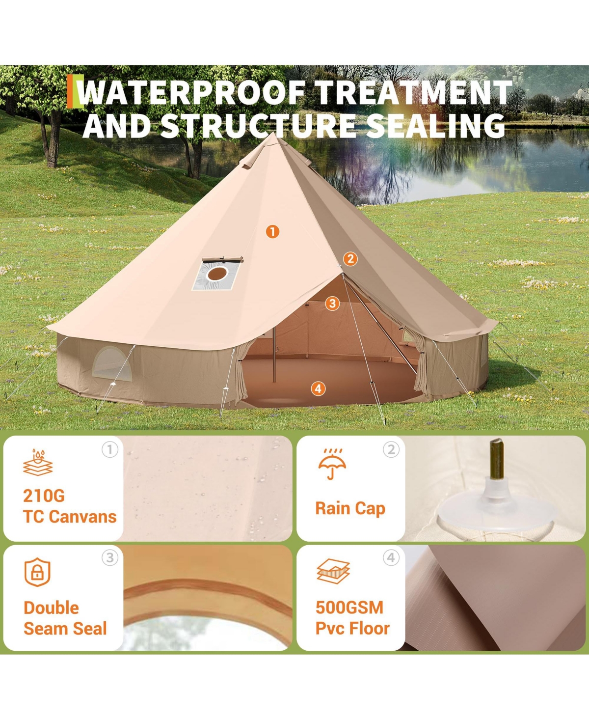 Maxsa Canvas Bell Tent with Stove Jack, 4-Season Glamping Yurt Tent with Pvc Floor, Mesh Windows, Roof Vent