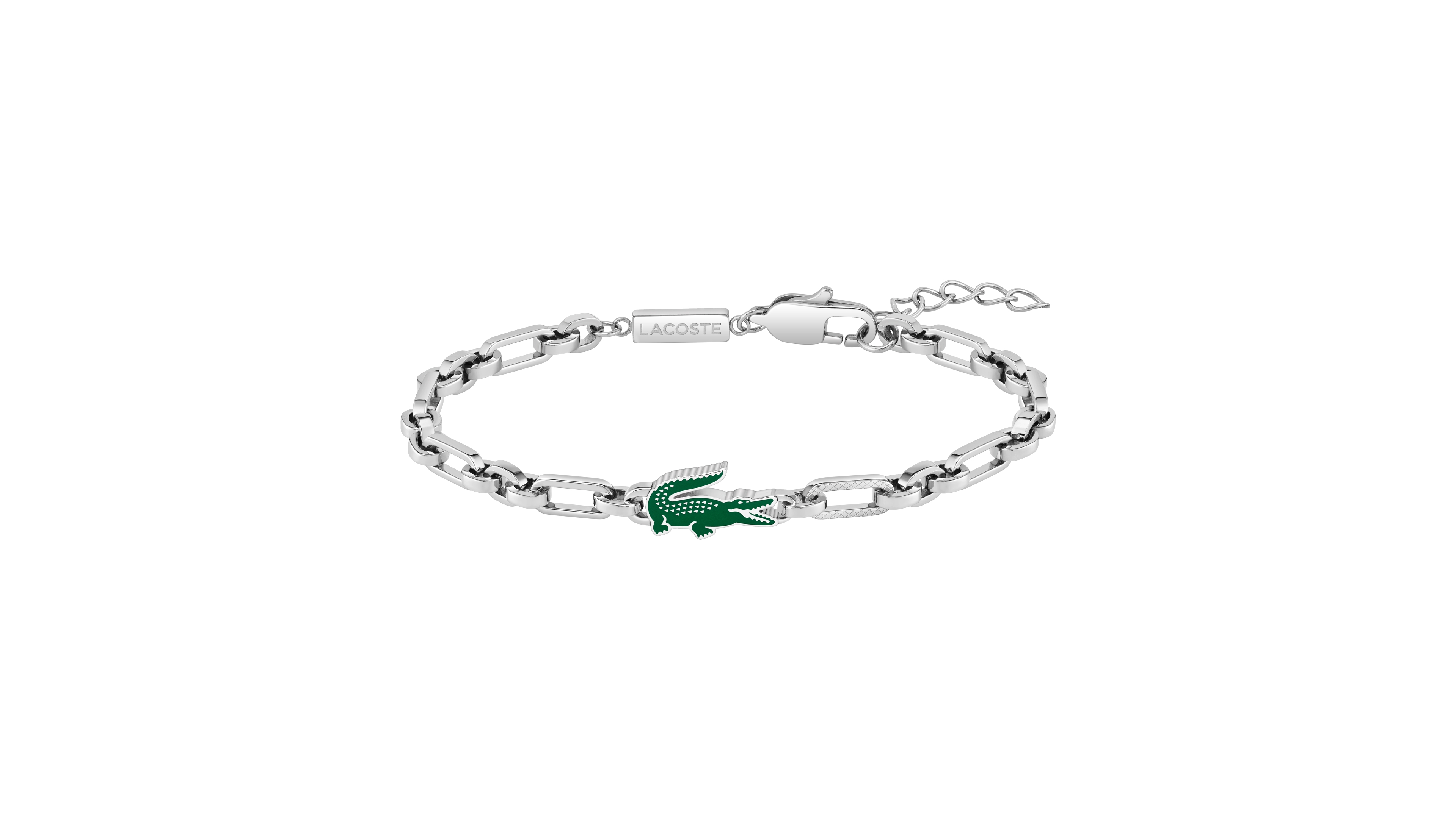 Lacoste Men's Arthor Silver-Tone Stainless Steel with Green Enamel Crocodile Bracelet