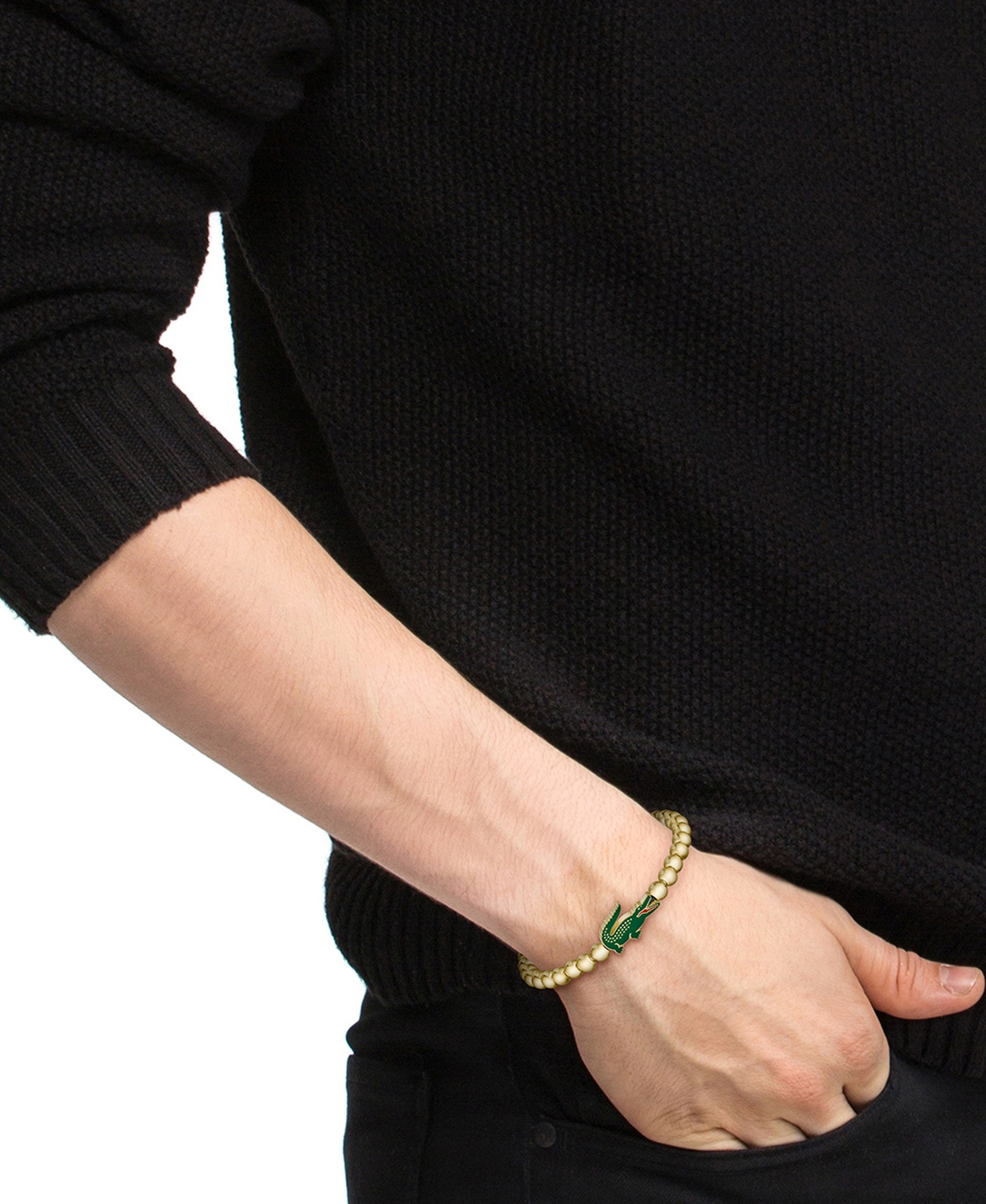 Lacoste Men's Matchpoint Gold-Tone Stainless Steel with Green Enamel Crocodile Beaded Bracelet