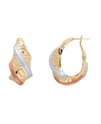 Tri-Color Greek Key Design Hoop Earrings