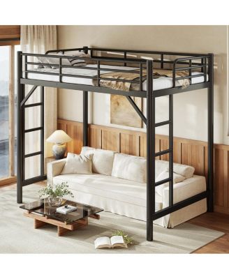 Twin Size Metal Loft Bed with Ladder and Guardrails