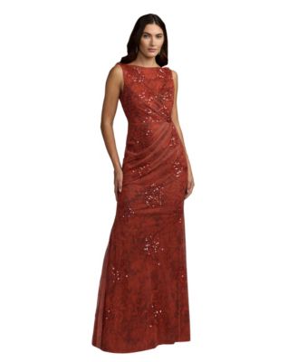 Women's Sequin Floral Ruched Draped-Back Gown