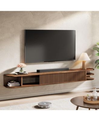  Floating TV Stand with Fluted Storage Doors, Solid Wood Media TV Stand with Cable Management, Entertainment Center