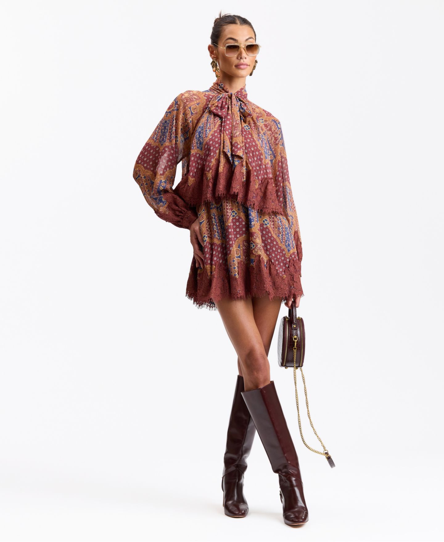 Женское платье Avec Les Filles Tie-Neck Long-Sleeve Tiered Mini, цвет: Коньячный — фото 3