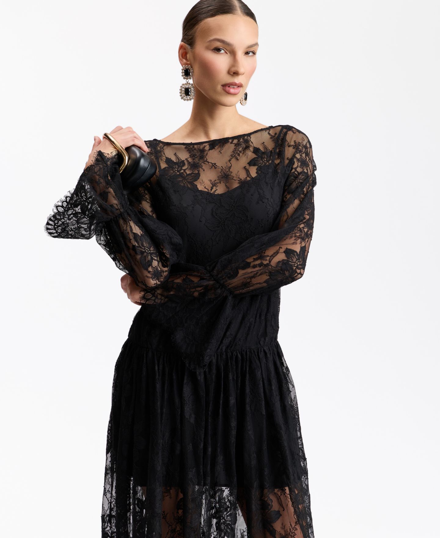 Женское платье Avec Les Filles Floral Drop-Waist Lace Midi, цвет: Чёрный — фото 4
