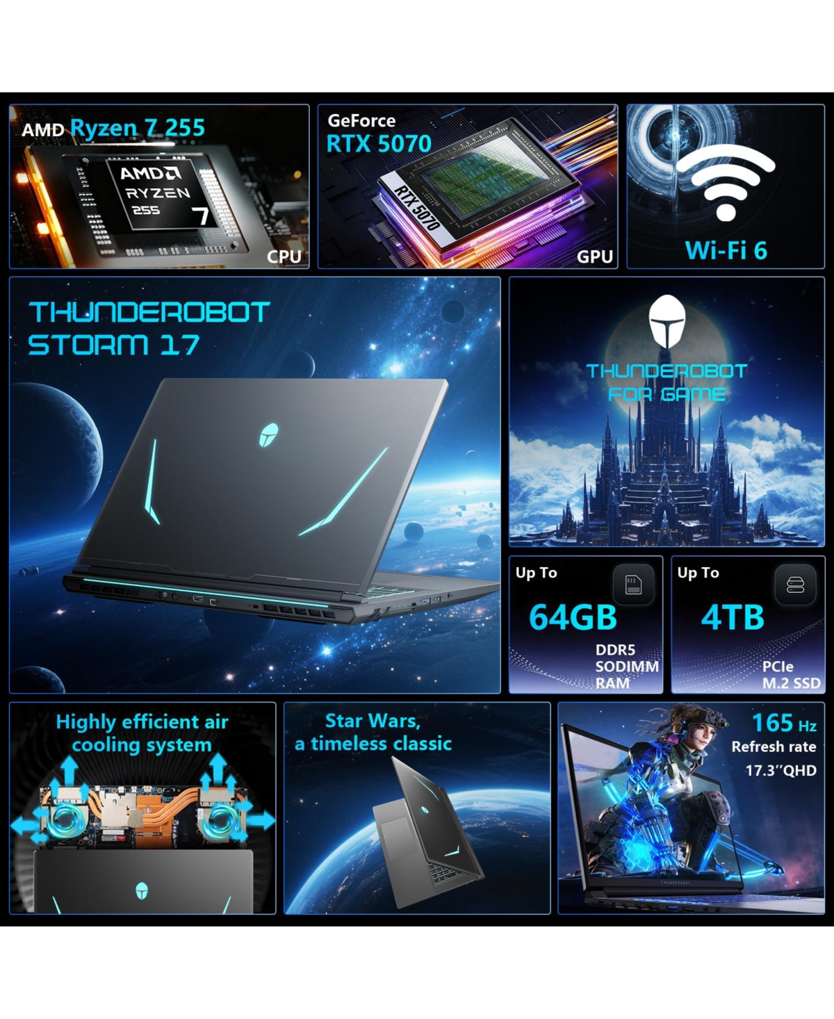 Thunderobot Storm 17 Gaming Laptop, 17.3" Qhd 165Hz 2K, Amd Ryzen 7 255, Nvidia GeForce Rtx 5070, 64GB DDR5, 2TB Ssd, Wi-Fi 6, Windows 11 Home, Black