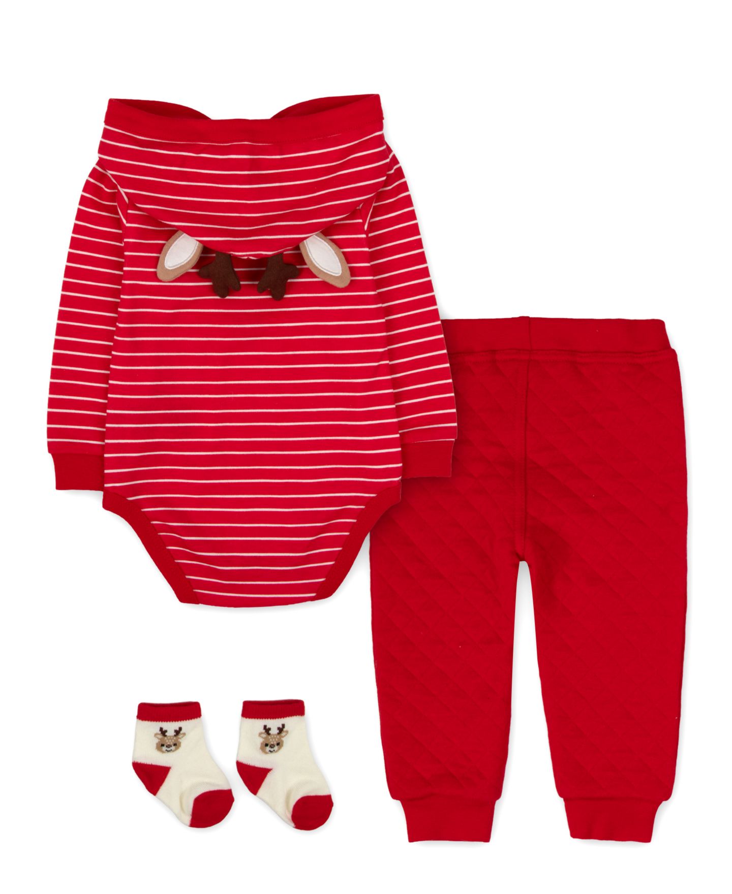 Baby Essentials Boys' and Girls' Reindeer Holiday Hooded Bodysuit, Pants, and Socks, 3-Piece Set, цвет: Красный — фото 2