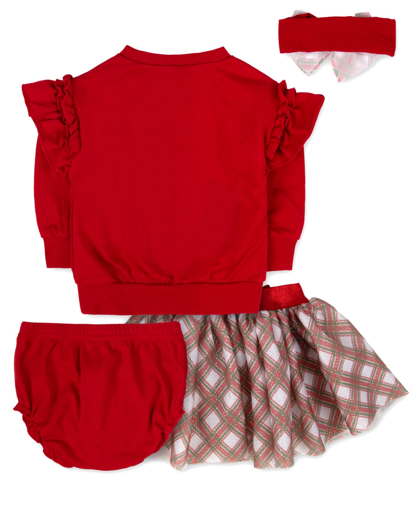 Baby Essentials Baby Girls' Plaid Bow Long-Sleeve Sweatshirt and Skirt, 4-Piece Set, цвет: Красный — фото 2