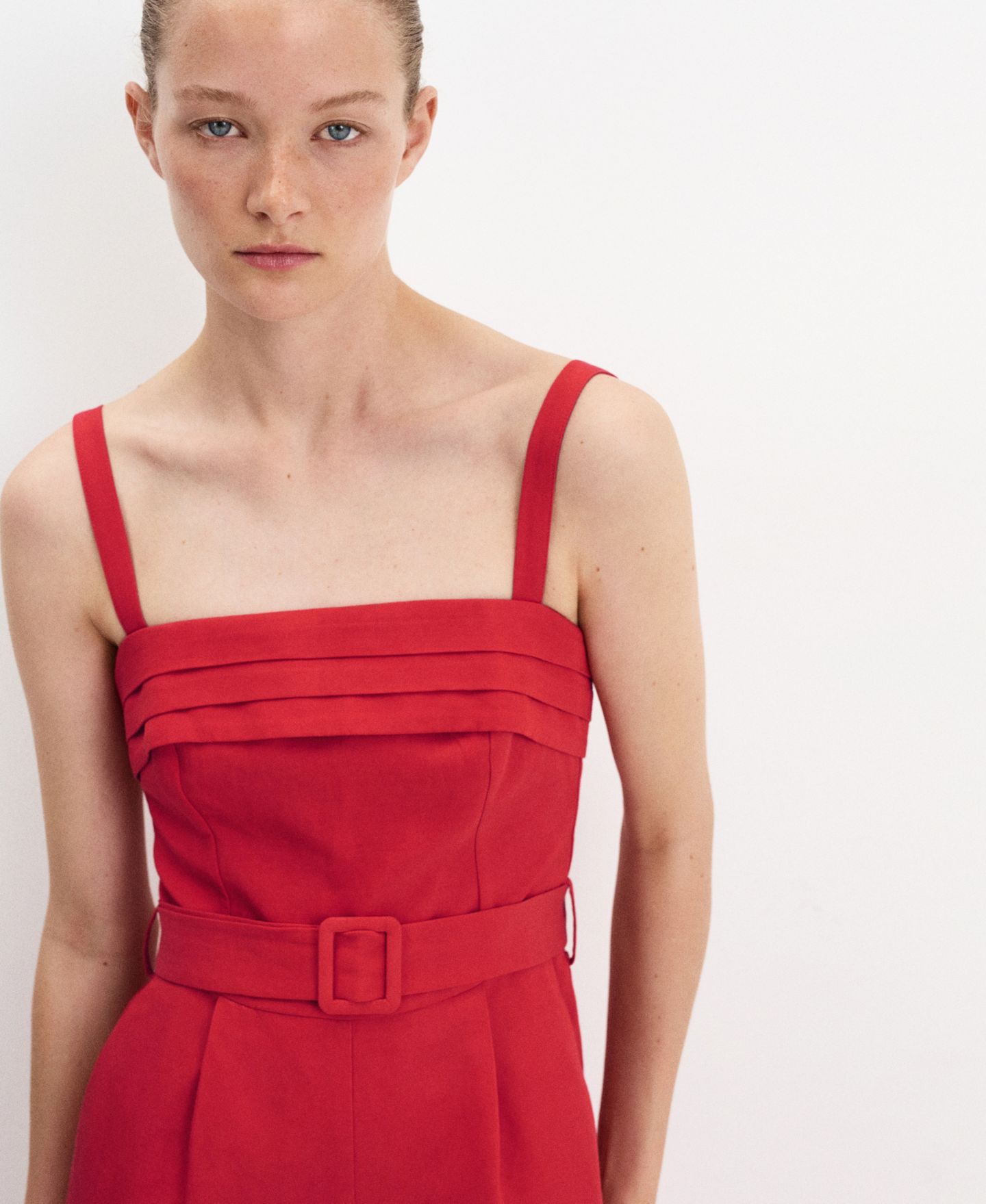 Женский комбинезон MANGO Sleeveless Wide-Leg Linen-Blend Jumpsuit, цвет: Красный — фото 4
