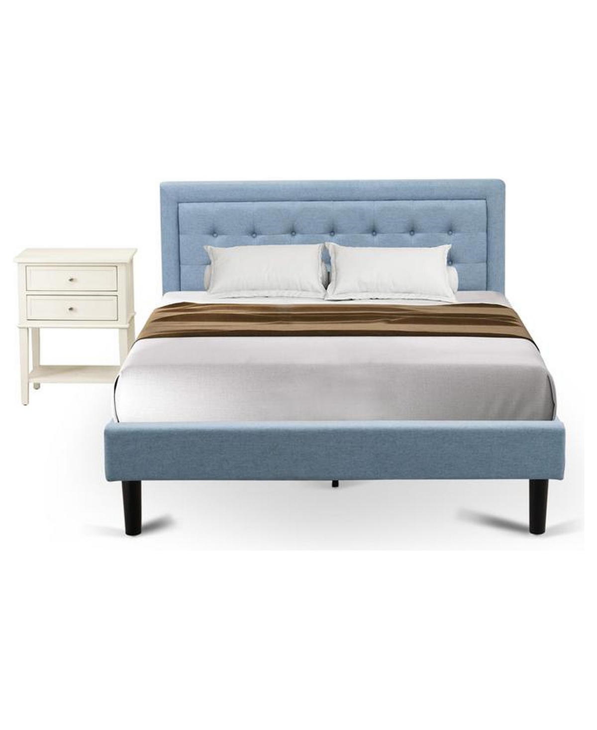 East West Furniture FN11Q-1VL0C 2-Pieces Platform Queen Bed Set Furniture with Wood Bed Frame and a Nightstand for Bedrooms - Denim blue