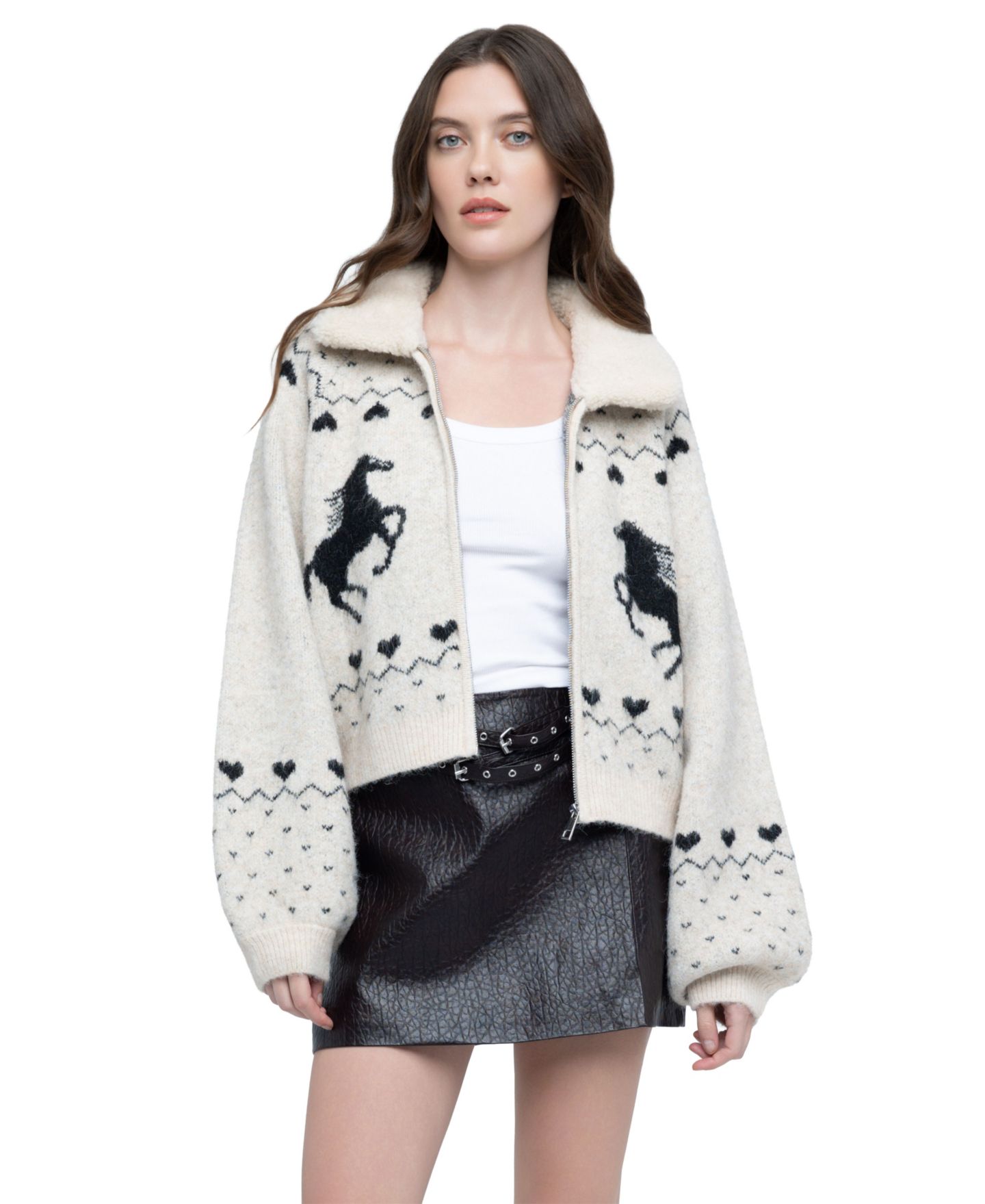 Женский кардиган Blank NYC Flying Solo Fair Isle Full-Zip Faux-Fur Collar, цвет: Кремовый комбинированный — фото 3