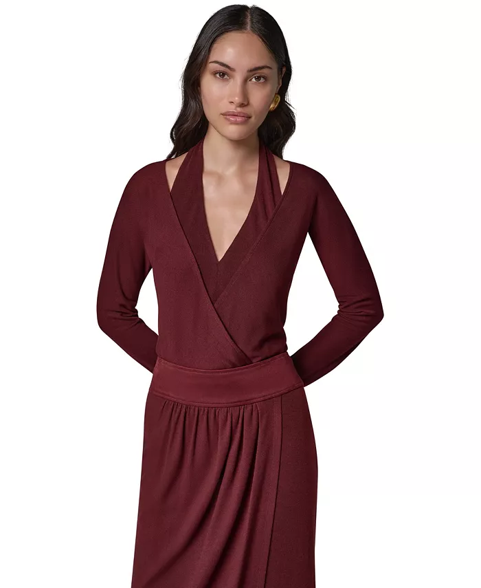 Women's Long-Sleeve V-Neck Sheen Ponte Bodysuit