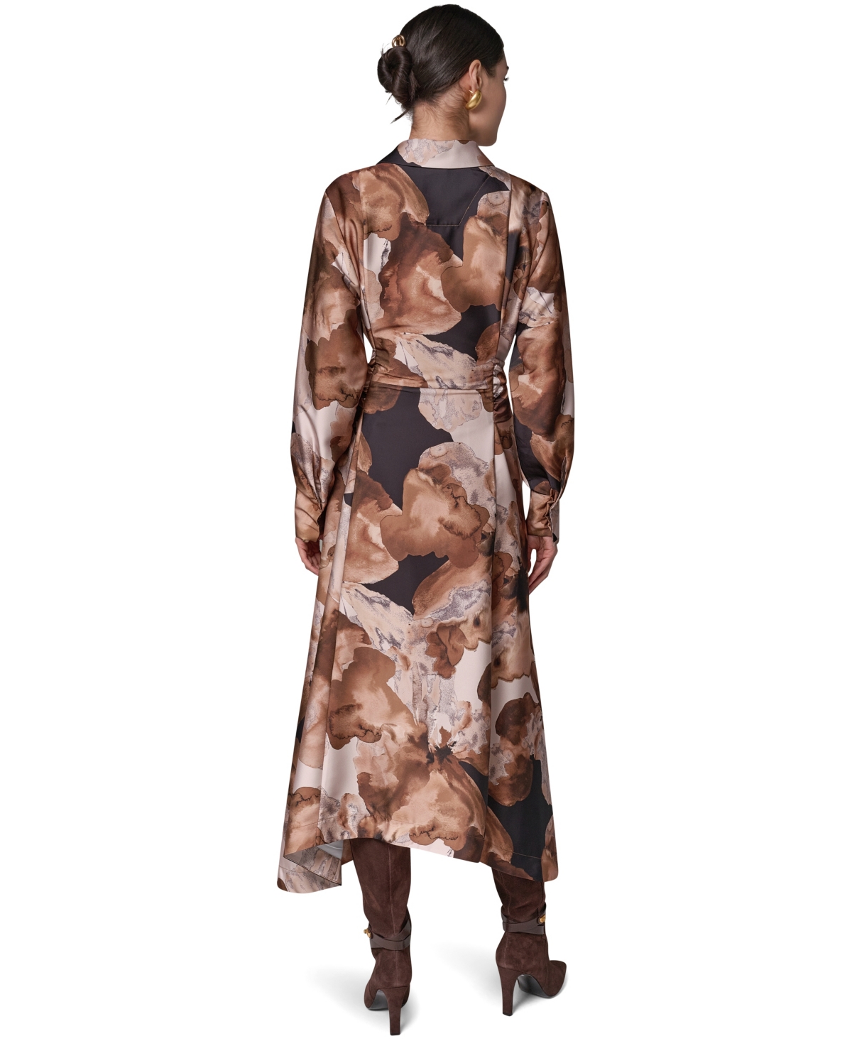 Donna Karan New York Women's Satin Long-Sleeve Midi Shirt Dress