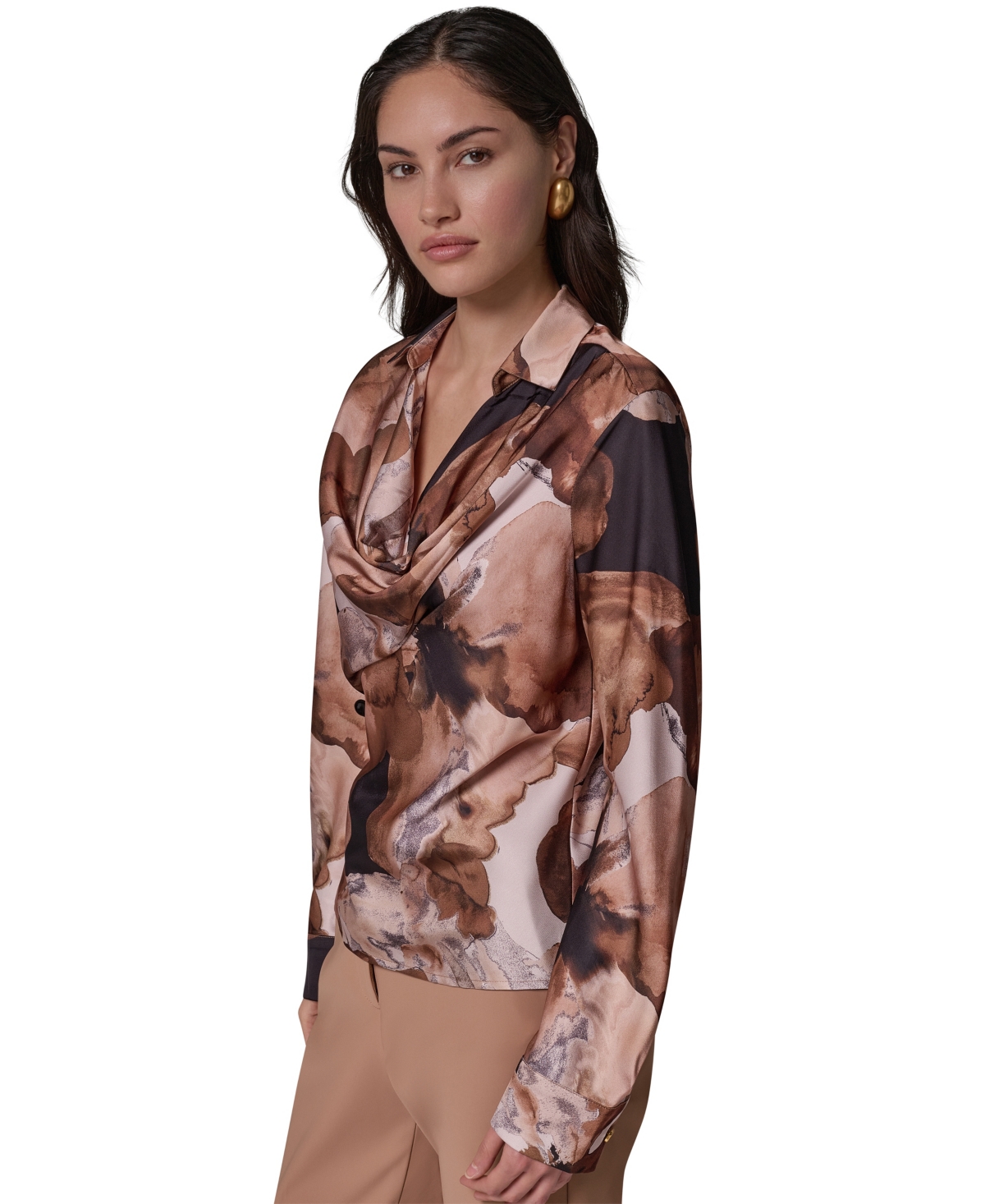 Donna Karan New York Women's Long-Sleeve Satin Cowl-Neck Blouse