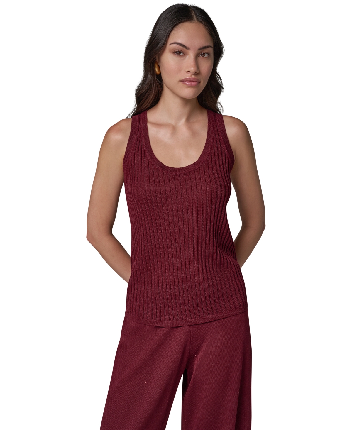 Donna Karan New York Womens Wrap Long Sleeve Tie Front Cardigan Ribbed Knit Scoop Neck Tank Top Sequin Wide Leg Pull On Pants