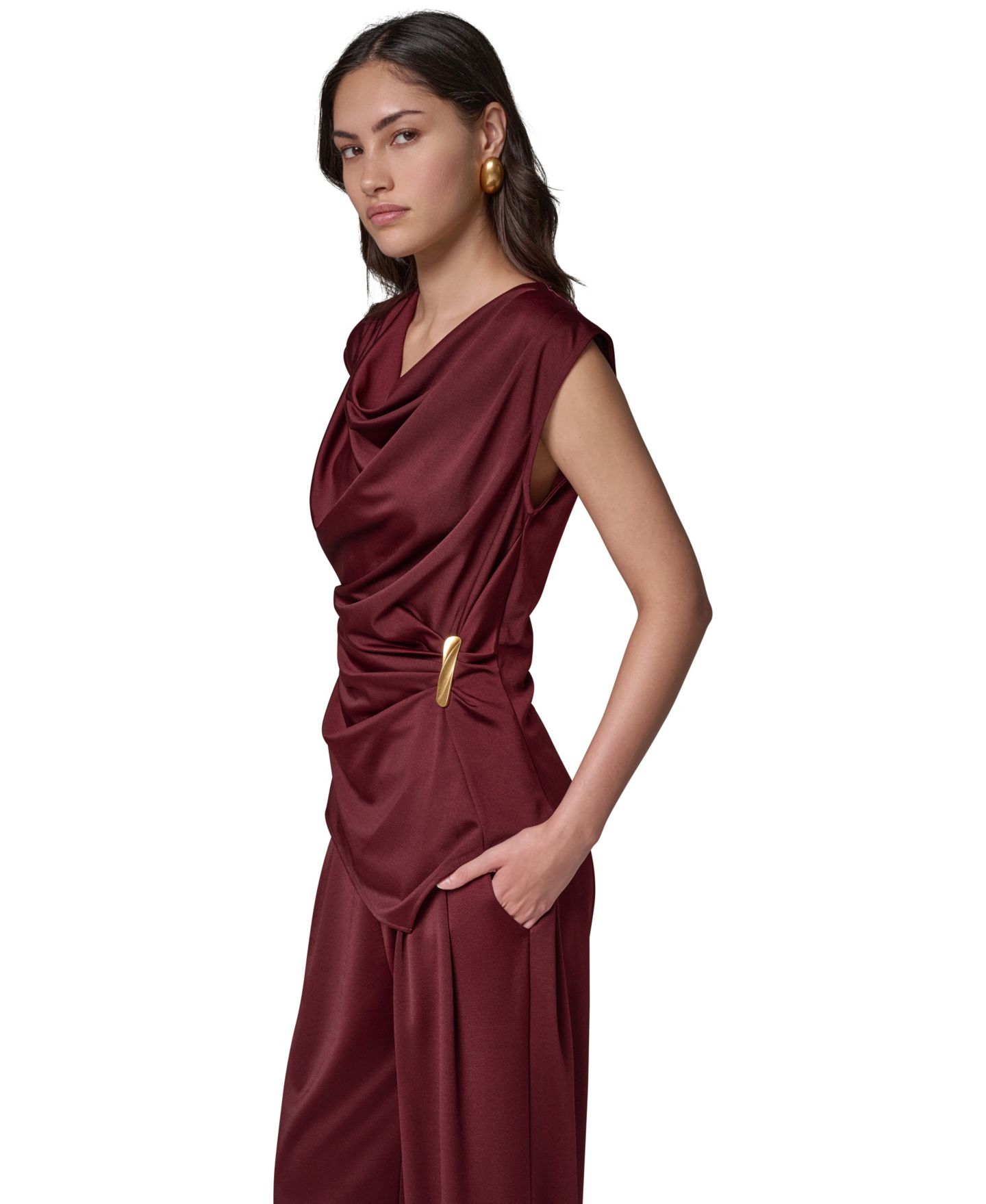 Женская блузка Donna Karan New York Cowl Neck Draped Sleeveless Blouse, цвет: Чёрный вишнёвый — фото 4
