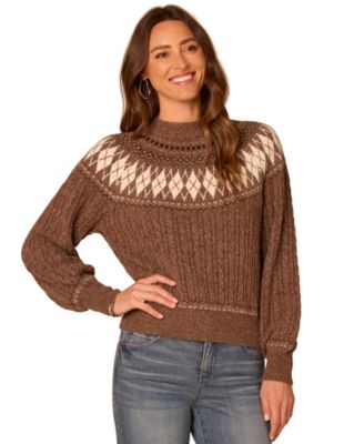 Women's Fair Isle Mock Neck Cable-Knit Sweater