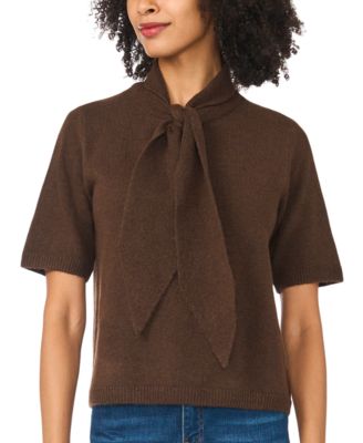 Women's Cozy Tie Neck Short-Sleeve Loose-Fit Sweater