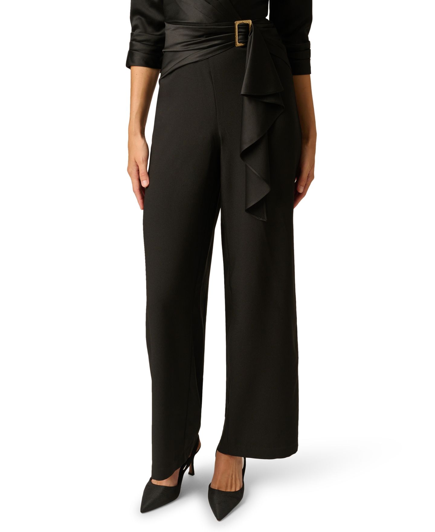 Женский комбинезон Adrianna Papell Wide-Leg V-Neck 3/4 Sleeve Satin Crepe Jumpsuit, цвет: Чёрный — фото 4