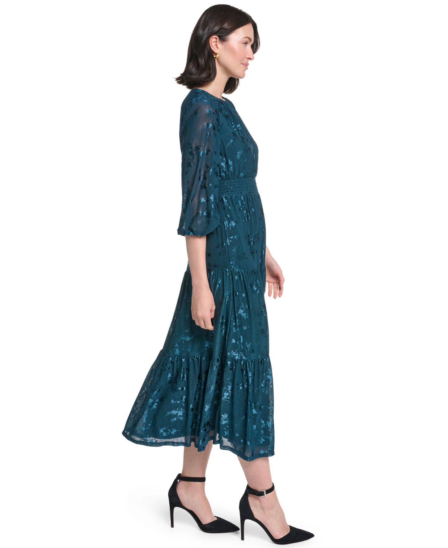 Женское платье Jessica Howard Petite 3/4-Sleeve Smocked Floral Midi, цвет: Тёмно-зелёный — фото 2