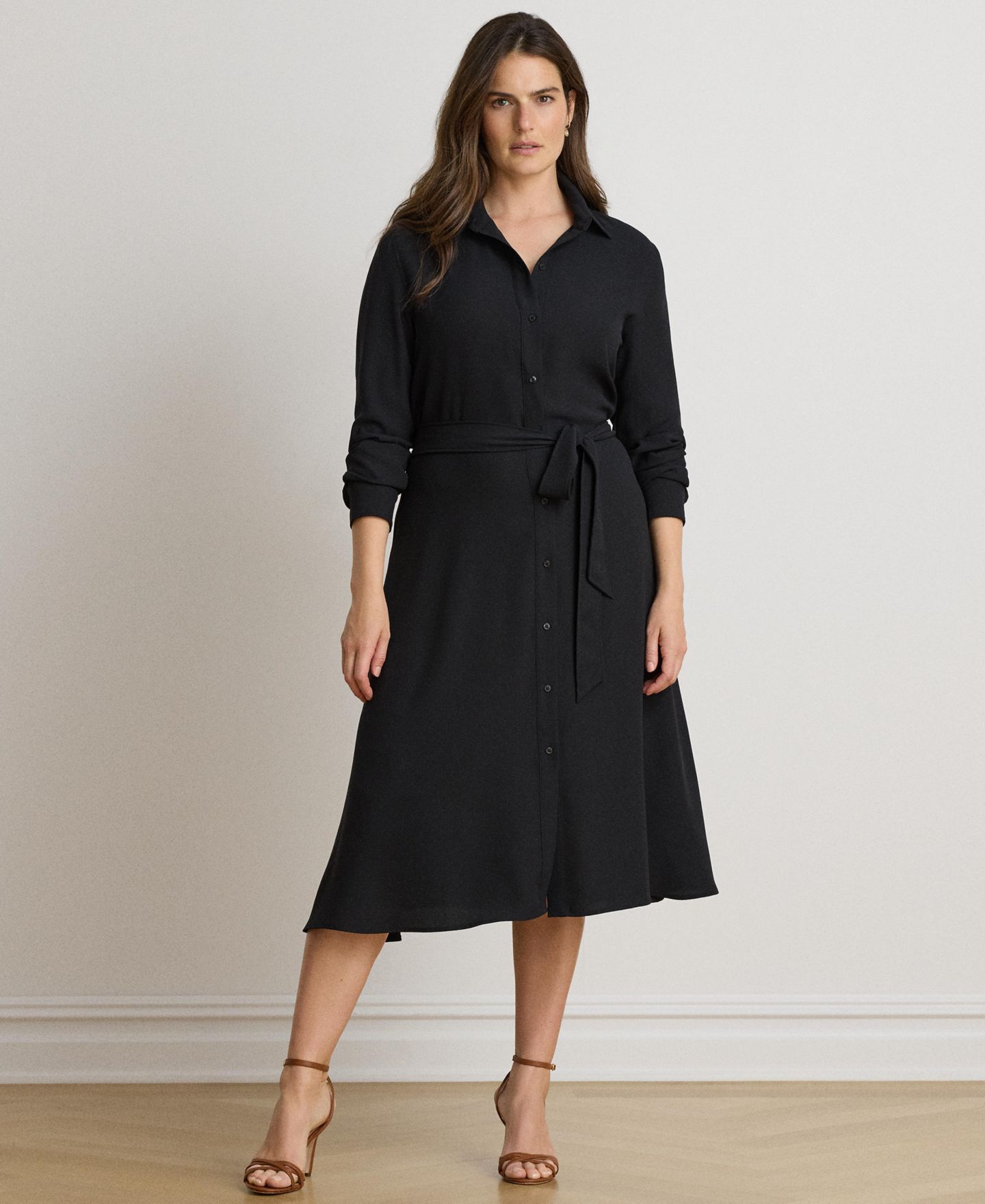 Женское платье Lauren Ralph Lauren Belted A-Line Midi Shirt Dress, цвет: Чёрный — фото 2