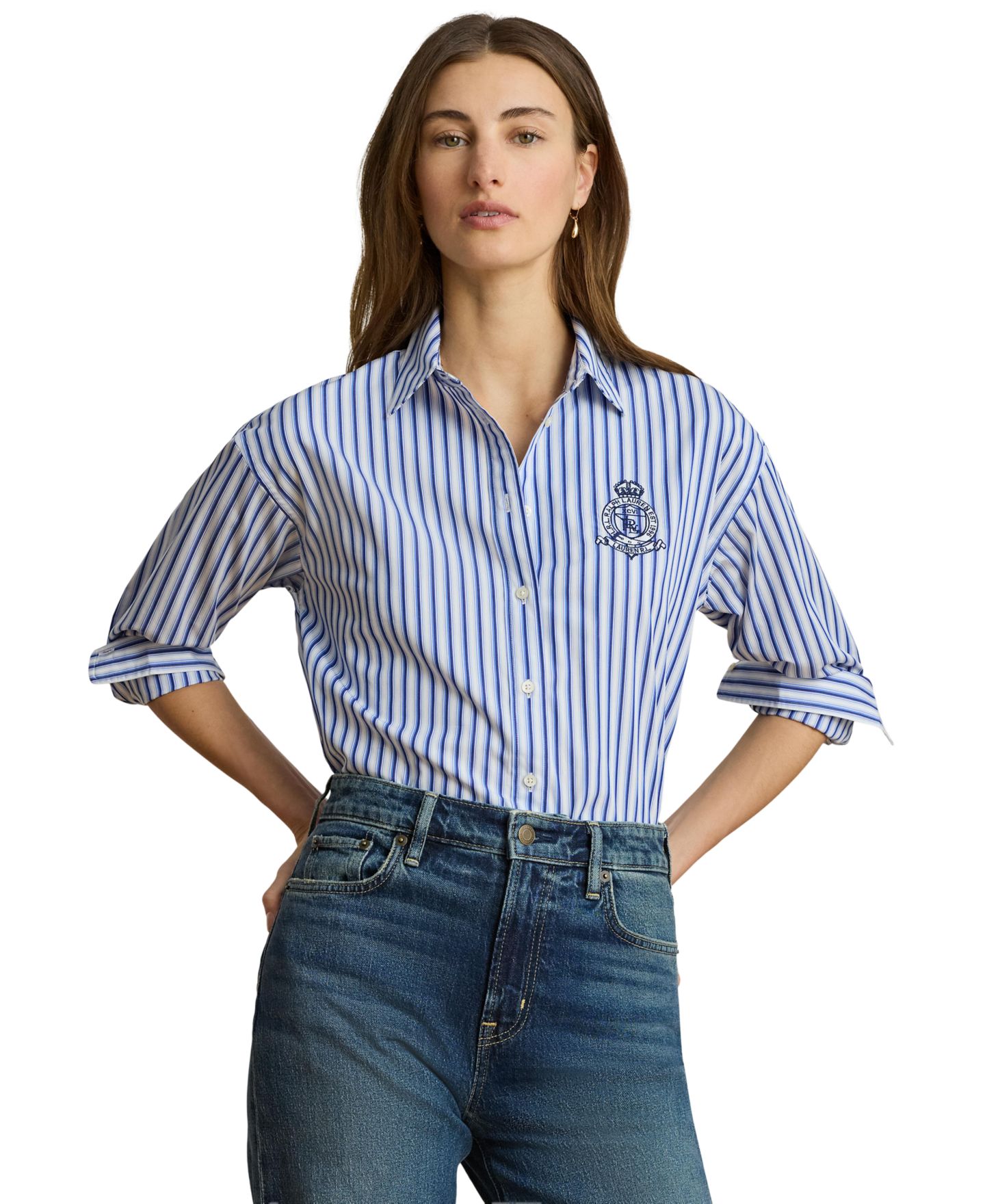 Женская рубашка Lauren Ralph Lauren Striped Long-Sleeve Shirt, цвет: Синий разноцветный — фото 1