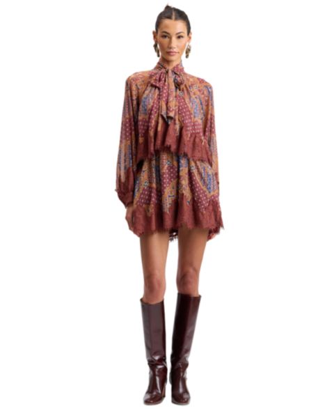 Женское платье Avec Les Filles Tie-Neck Long-Sleeve Tiered Mini, цвет: Коньячный